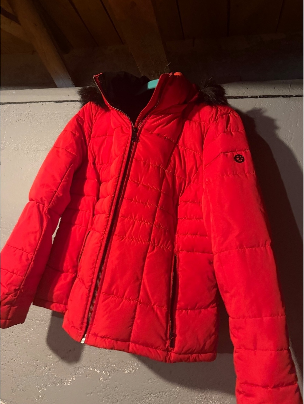 Calvin Klein Women's Red Puffer Jacket with Faux Fur Hood, Size Large